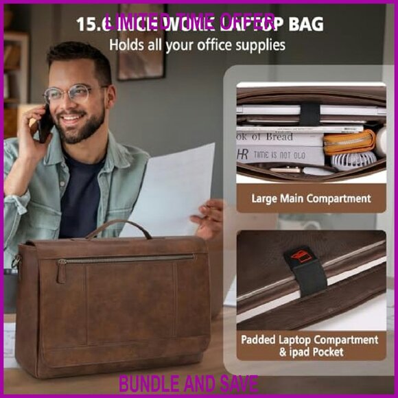 Vintage Messenger Bag Fits 15.6 Inch Laptop, PU Leather, Multiple Compartments - Picture 3 of 7